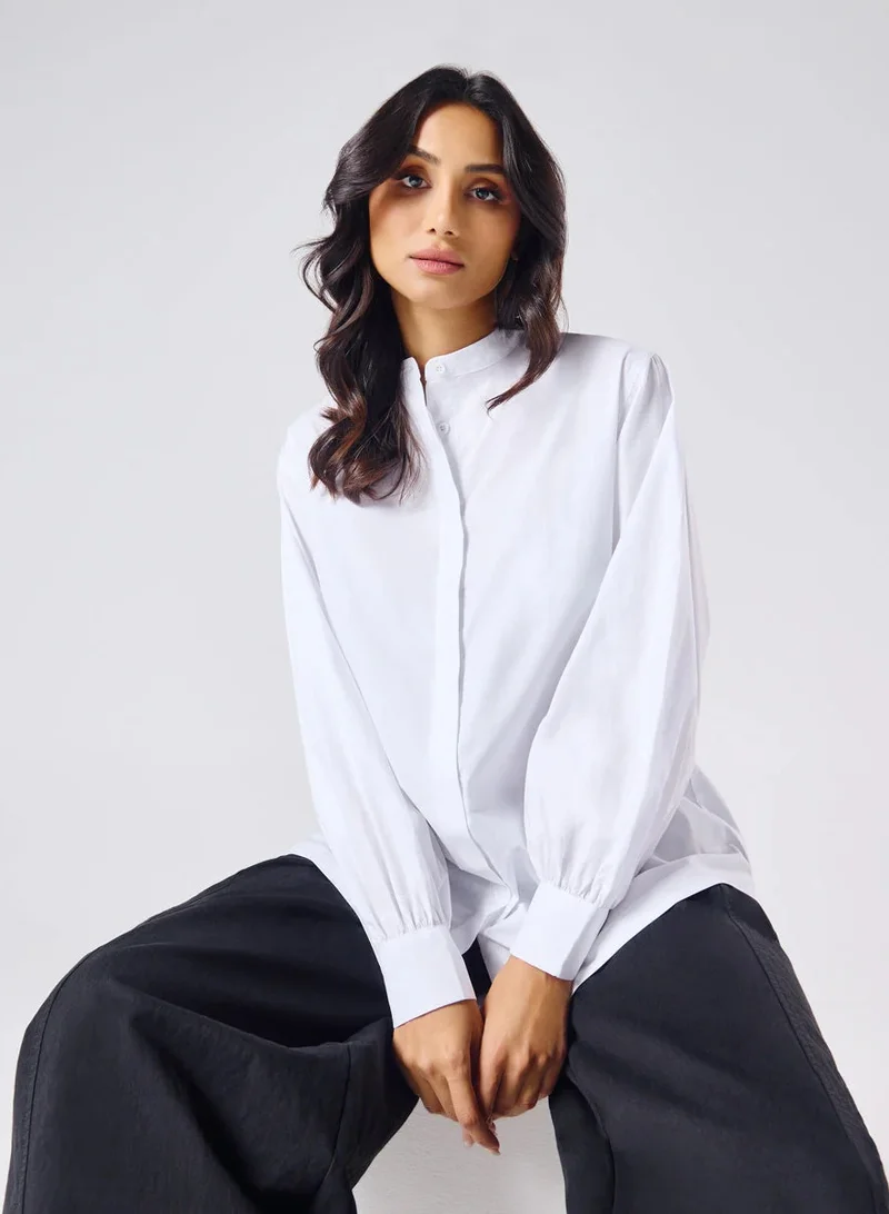 Zigzag Mandarin  Collar Cotton Oversized Shirt- Pure White