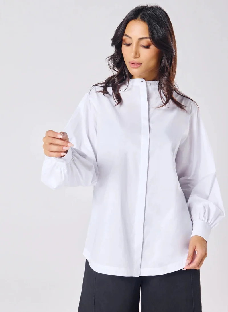 Zigzag Mandarin  Collar Cotton Oversized Shirt- Pure White