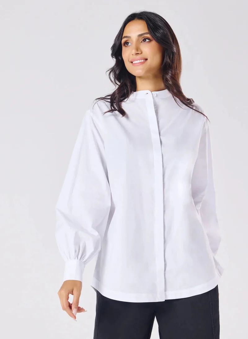 Zigzag Mandarin  Collar Cotton Oversized Shirt- Pure White