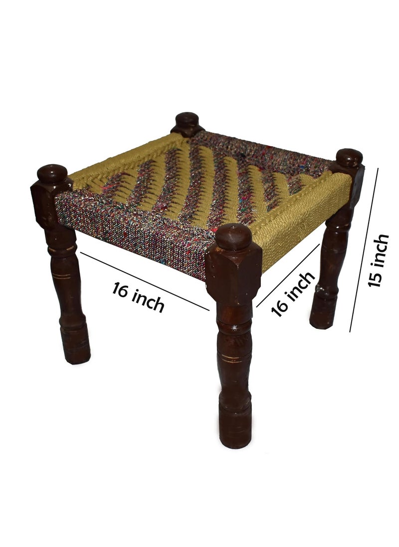 Marshland MARSHLAND Wooden Chowki Wooden Stool Traditional Handicrafts Wooden Khatli Bajot Stool Charpai Chowki Pidda Mudda Sitting Stool Pooja Chowki Stool 16 X 16 X 12 inch  - Image 2
