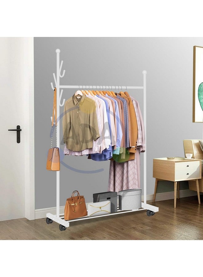 ADA Premium Metal Clothes Hanging Stand with 5 Side Hooks & 1 Bottom Shelf, Multifunctional Movable Single Rod Coat Rack for Bedroom, Livingroom, Hallway, Laundry - (White, 83 x 42.5 x 173cm) - Image 1