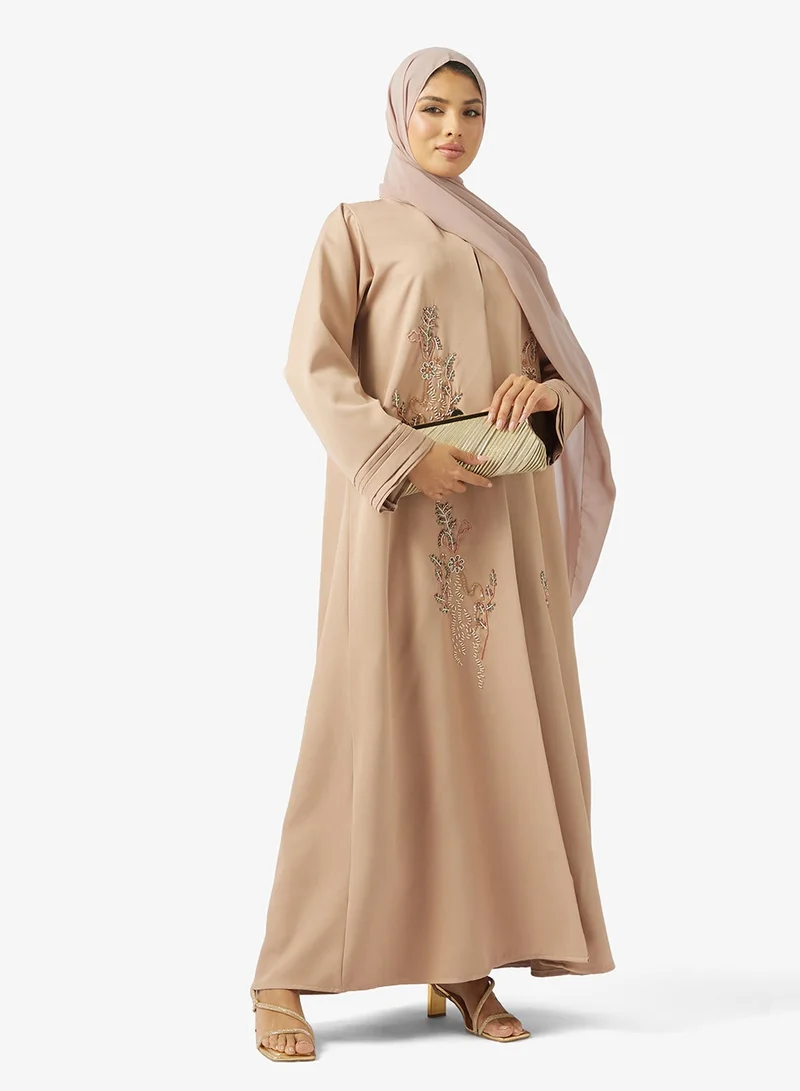 hayas closet Floral Embellished Open Front Round Neck Abaya