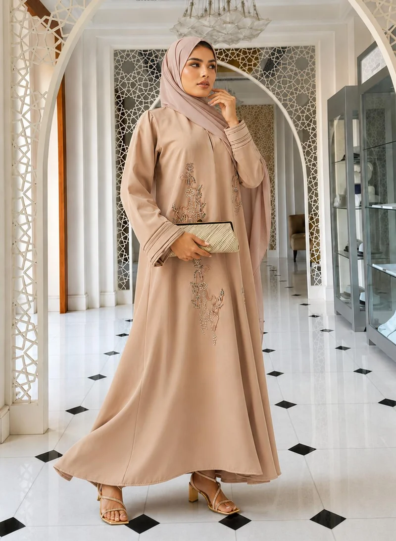 hayas closet Floral Embellished Open Front Round Neck Abaya