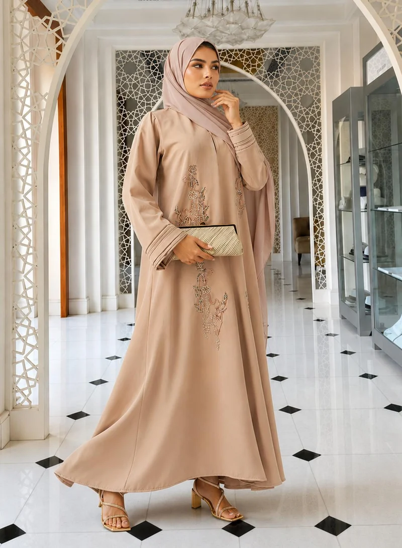 hayas closet Floral Embellished Open Front Round Neck Abaya