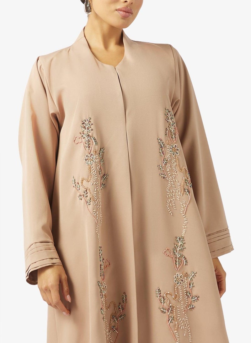 hayas closet Floral Embellished Open Front Round Neck Abaya - Image 5