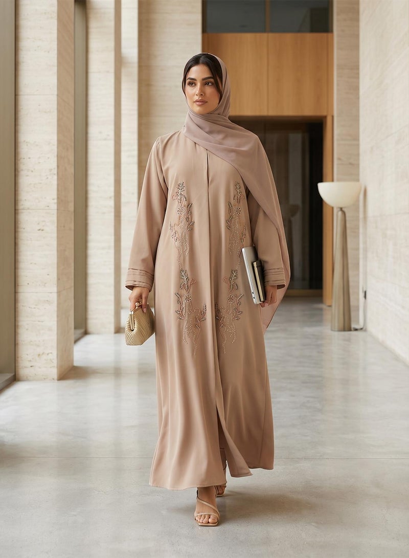 hayas closet Floral Embellished Open Front Round Neck Abaya - Image 1