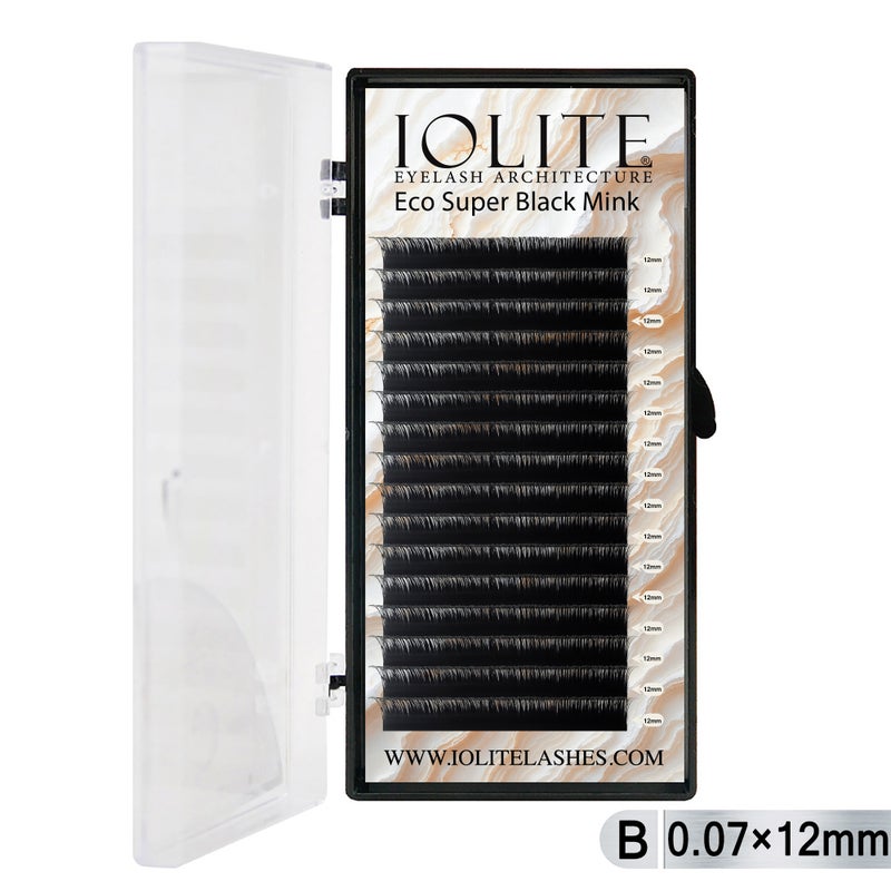 IOLITE تمديدات رموش مينيك الأسود الفائق من إيولايت - ب Curl 0.07T مزيج (6mm–15mm) | صينية تمديدات رموش مينيك الأسود الفاخرة لفناني الرموش ISBMB7T - 12MM