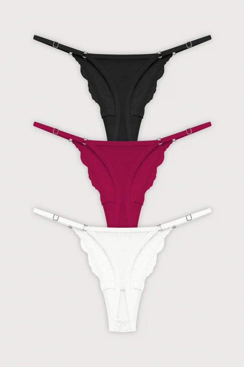 COTTONHILL Lace Front Tulle Detailed Women's Thong 3 Pack Panties - 3