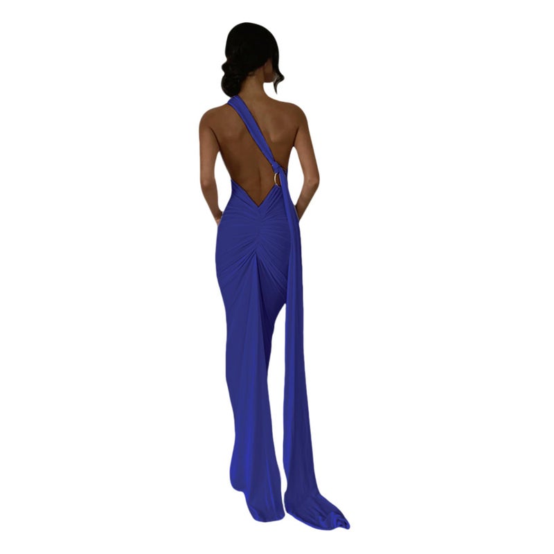 JUMISEE Women's Sexy One Shoulder Backless Maxi Dress Elegant Ruched O Ring Sleeveless Evening Dress Long Gown Cocktail Dresses Navy Blue - Image 2