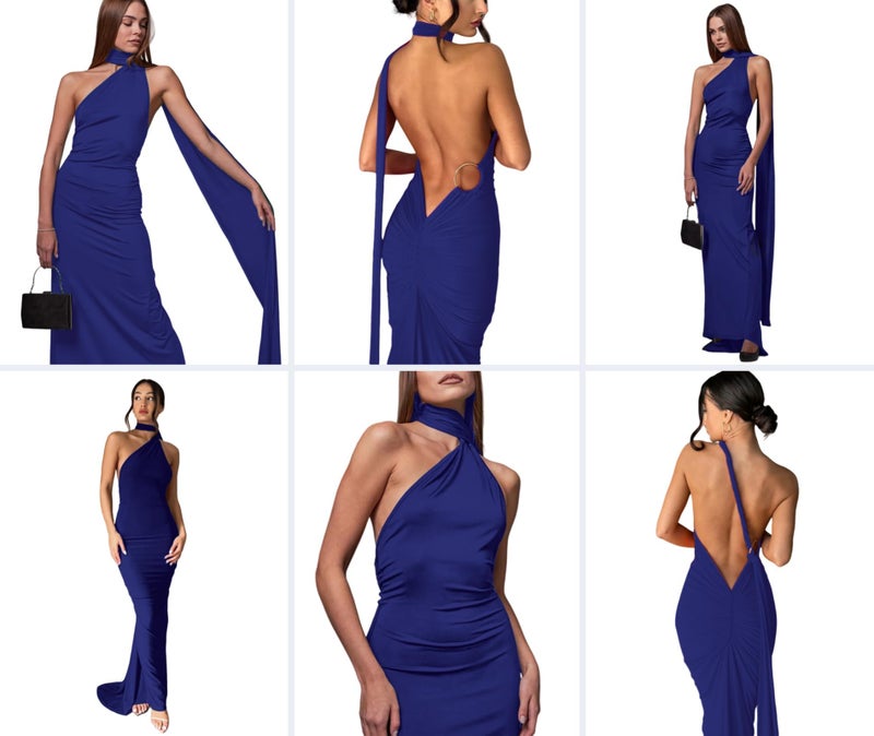 JUMISEE Women's Sexy One Shoulder Backless Maxi Dress Elegant Ruched O Ring Sleeveless Evening Dress Long Gown Cocktail Dresses Navy Blue - Image 5