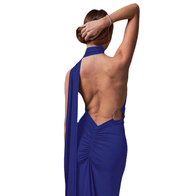 JUMISEE Women's Sexy One Shoulder Backless Maxi Dress Elegant Ruched O Ring Sleeveless Evening Dress Long Gown Cocktail Dresses Navy Blue - Image 4