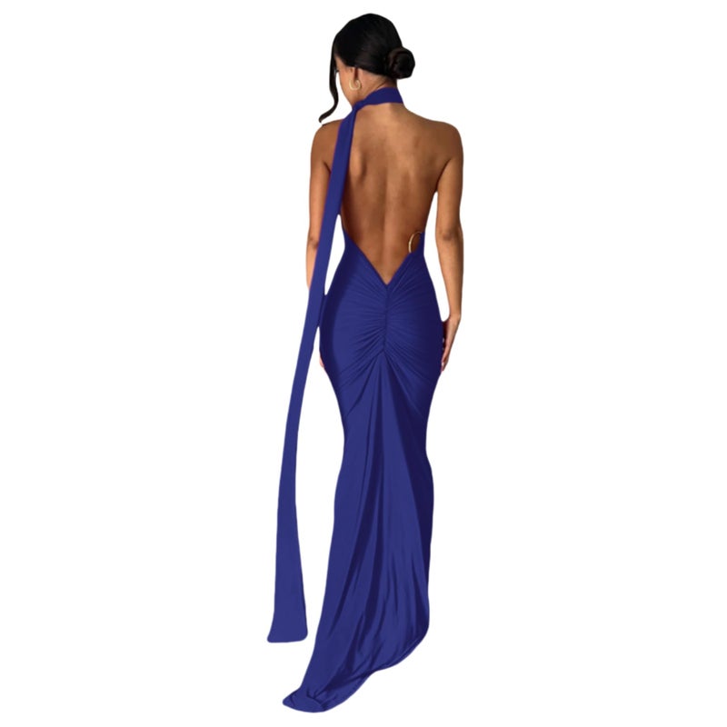 JUMISEE Women's Sexy One Shoulder Backless Maxi Dress Elegant Ruched O Ring Sleeveless Evening Dress Long Gown Cocktail Dresses Navy Blue - Image 1
