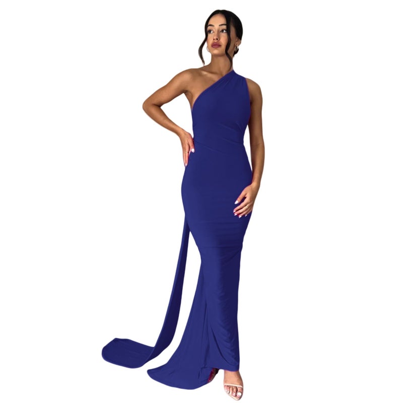 JUMISEE Women's Sexy One Shoulder Backless Maxi Dress Elegant Ruched O Ring Sleeveless Evening Dress Long Gown Cocktail Dresses Navy Blue - Image 3
