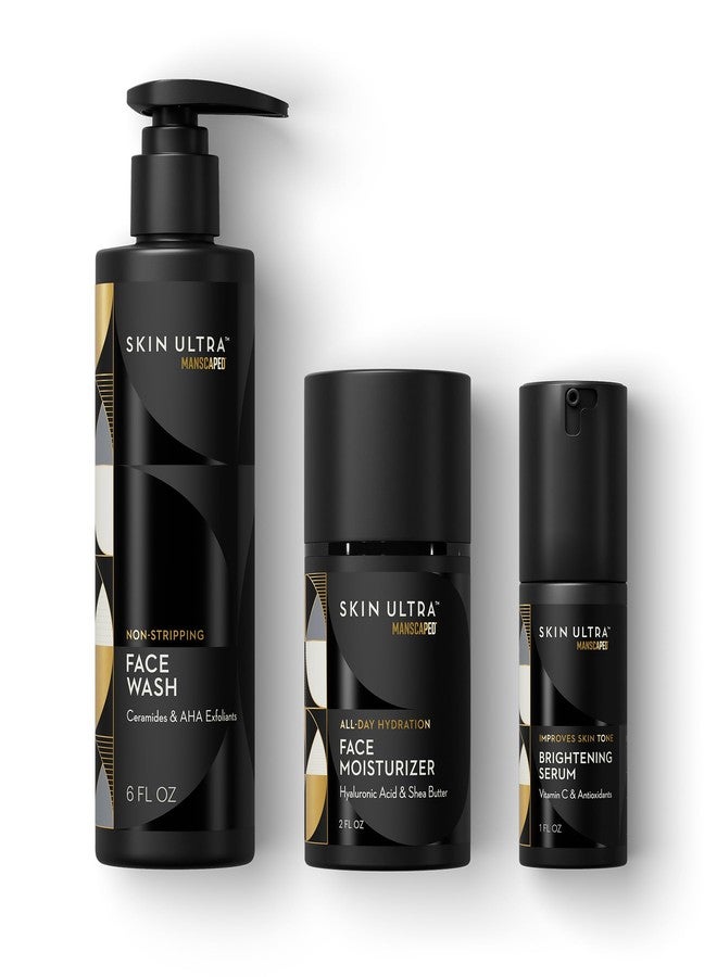 مانسكابيد نظام MANSCAPED® Skin Ultra™ اليومي - أساسيات روتين العناية بالبشرة للرجال مع غسول للوجه ومرطب للوجه ومصل تفتيح مُركّب بمركب سيراميد للتنظيف والتقشير والترطيب - Image 1