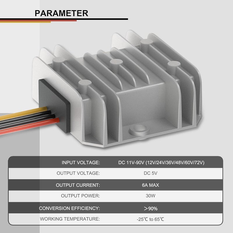 دروك منظم جهد خفض DC-DC، محول خفض جهد للسيارة من DC 11-90V إلى 5V 6A، محول خفض جهد مقاوم للماء IP68 من الألومنيوم 12V 24V 36V 48V 60V 72V وحدة إمداد طاقة - Image 4