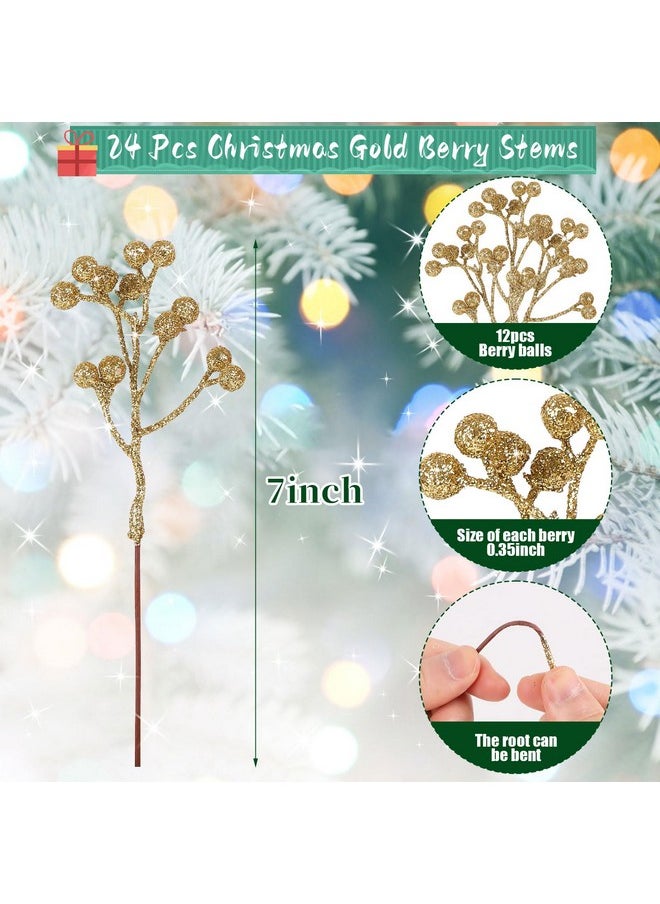 CCINEE CCINEE 24 Pack Christmas Artificial Gold Berry Stems,6.9 Inch Xmas Gold Glitter Berry Picks Holly Branches for Christmas Tree Ornaments Xmas Wreath DIY Crafts Home Holiday Decor  - Image 2