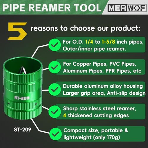 MERWOF Metal Pipe Reamer for Copper PVC Pipe, Deburring Tool, PlumbingTools, 1/4” to 1-5/8” Inner/Outer Tubing Cleaner, Tube Chamfering Tool (Green) - Image 2