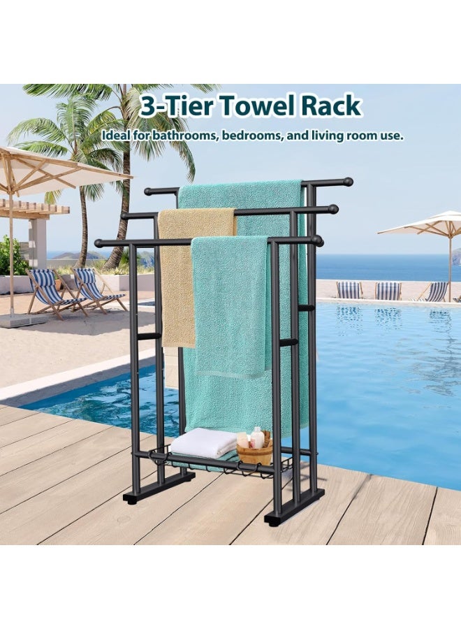 XiuWoo 3-Tier Large Capacity Freestanding Metal Floor Towel Rack, Anti-rust Coating Metal Ladder Towel Holder, Drying Stand, Bathroom Bath Organizer Rack with 3Storage Shelf for Space Saving - Image 3