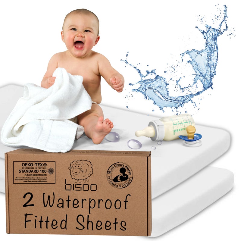 Bisoo Toddler Junior Waterproof Bed Sheets 160 x 70 Fitted / 27x63 in - Set of 2 White Fitted Sheet Mattress Protector Made of 100% Jersey Oeko-Tex + PU - Cot Bed & Crib - Soft & Silent - Image 1