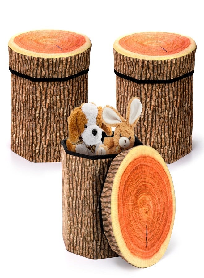 Lawei 3 Pack Tree Stump Storage Stools, 12 x 12 Inches Folding Stool Ottoman with Foam Cushion, Collapsible Storages Seat Chest, Vintage Storage Toy Box Wood Stump Organizer Stools for Toy - Image 1