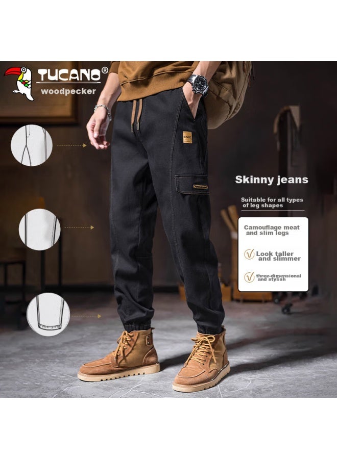 Tucano Tucano Cargo Pants For Men, Spring And Summer Trousers, Loose-fitting With Elastic Cuffs, American Retro Style, Casual Pants, Long Pants, Black, Size 32 - Image 2