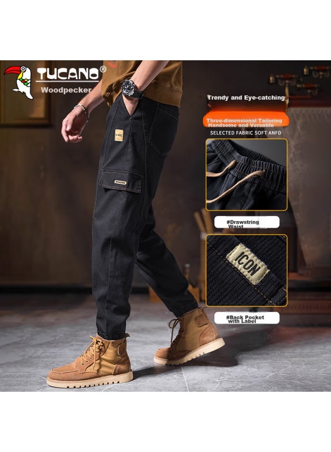 Tucano Tucano Cargo Pants For Men, Spring And Summer Trousers, Loose-fitting With Elastic Cuffs, American Retro Style, Casual Pants, Long Pants, Black, Size 32 - Image 3