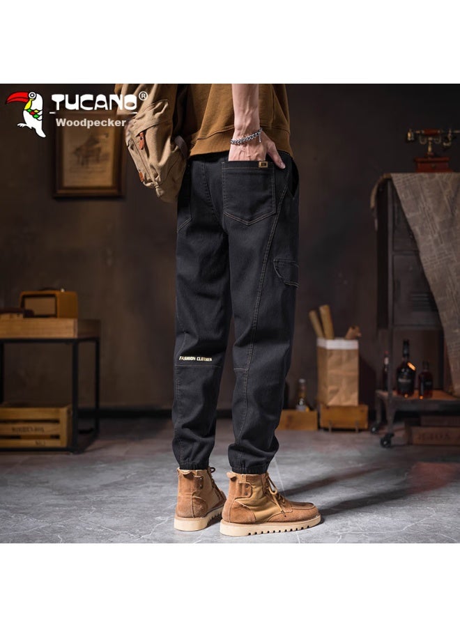 Tucano Tucano Cargo Pants For Men, Spring And Summer Trousers, Loose-fitting With Elastic Cuffs, American Retro Style, Casual Pants, Long Pants, Black, Size 32 - Image 5