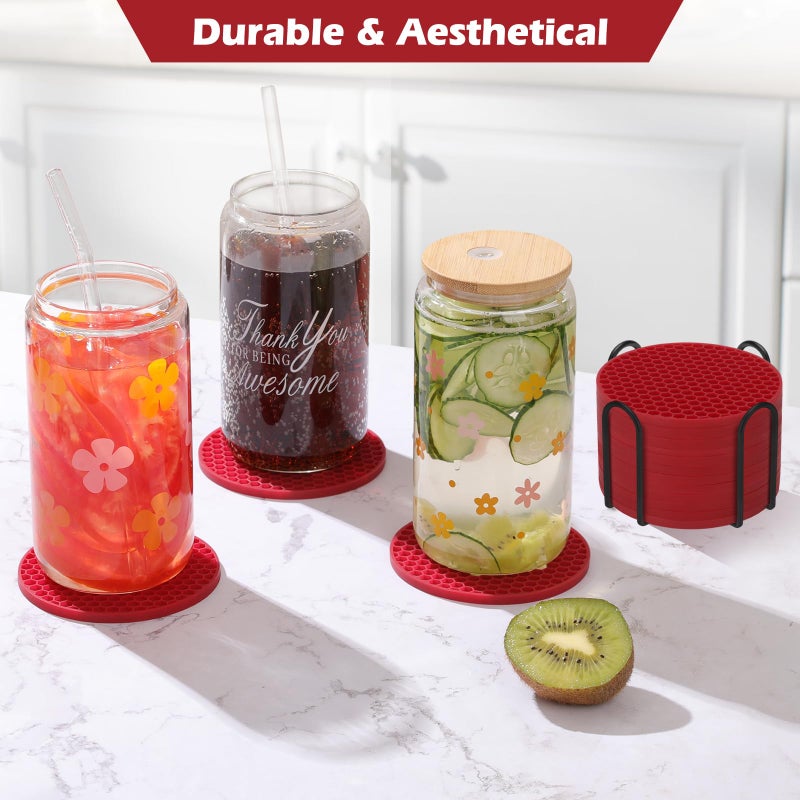 TWTLi Coasters Set of 6 with Holder Coasters for Drinks Coffee Table Decor Coaster Suitable for Kinds Cups Anti-Slip Non-Stick Silicone Cup Coaster and Living Room Decor (6 Pcs  Wine red)  - Image 2