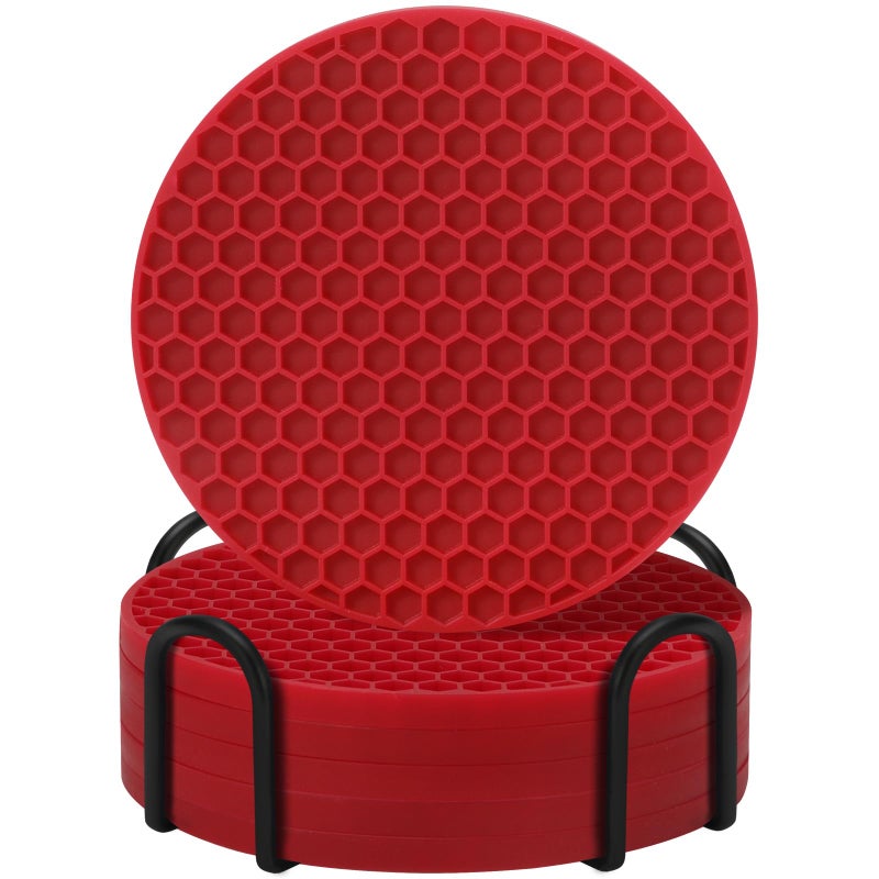 TWTLi Coasters Set of 6 with Holder Coasters for Drinks Coffee Table Decor Coaster Suitable for Kinds Cups Anti-Slip Non-Stick Silicone Cup Coaster and Living Room Decor (6 Pcs  Wine red)  - Image 1