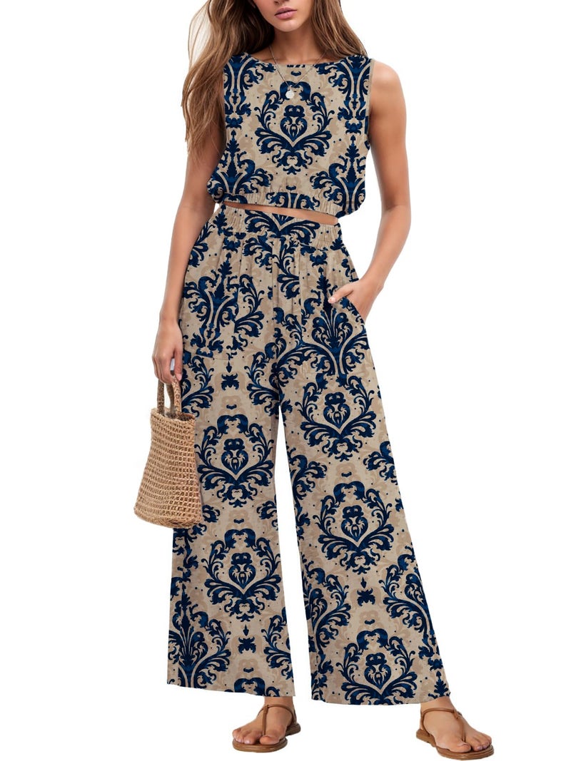 GRECERELLE Two Piece Sets for Women Sleeveless Crop Top Wide Leg Pants Travel Outfits for Women 2026 FP-Apricot Blue Flower-M - Image 1