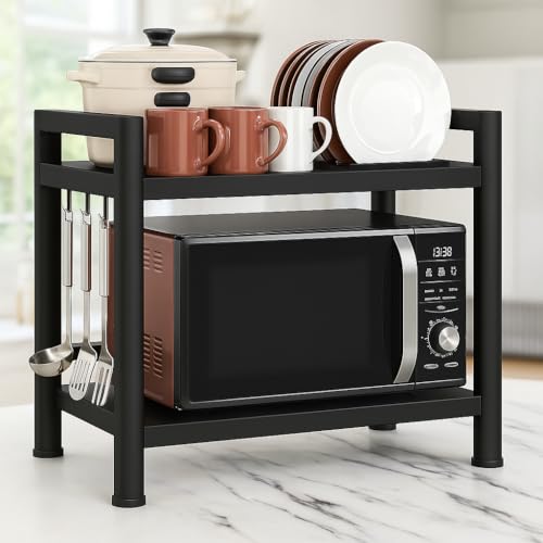EXVITO Metal Microwave Stand, 2-Tier Microwave & OTG Stand for Kitchen Counter, Double Platform for Extra Storage with Hooks, Kitchen Oven Rack, Microwave Oven Stand - Black - Image 1