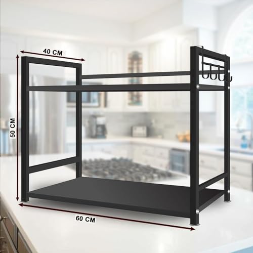 EXVITO Metal Microwave Stand, 2-Tier Microwave & OTG Stand for Kitchen Counter, Double Platform for Extra Storage with Hooks, Kitchen Oven Rack, Microwave Oven Stand - Black - Image 2