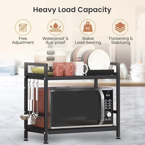 EXVITO Metal Microwave Stand, 2-Tier Microwave & OTG Stand for Kitchen Counter, Double Platform for Extra Storage with Hooks, Kitchen Oven Rack, Microwave Oven Stand - Black - Image 3