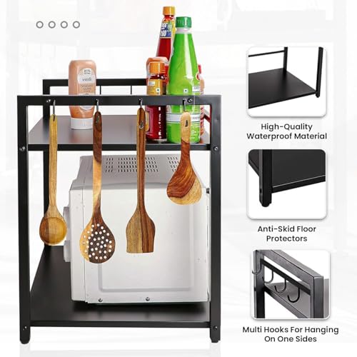 EXVITO Metal Microwave Stand, 2-Tier Microwave & OTG Stand for Kitchen Counter, Double Platform for Extra Storage with Hooks, Kitchen Oven Rack, Microwave Oven Stand - Black - Image 5