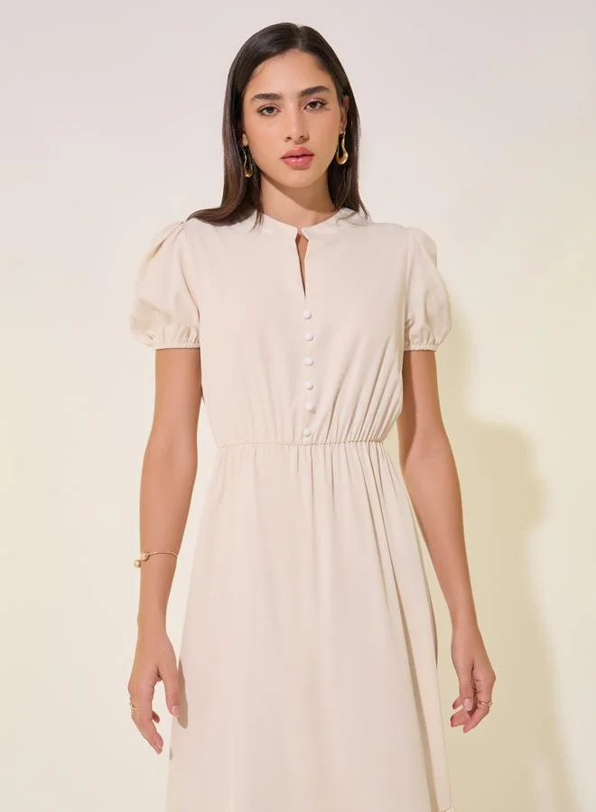 Styli Styli Solid Gathered Waist Ruffled Hem Midi Dress