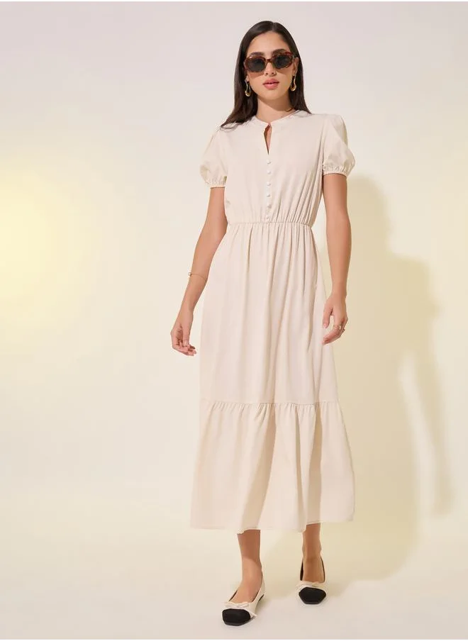 Styli Solid Gathered Waist Ruffled Hem Midi Dress