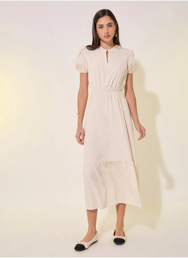 Styli Solid Gathered Waist Ruffled Hem Midi Dress