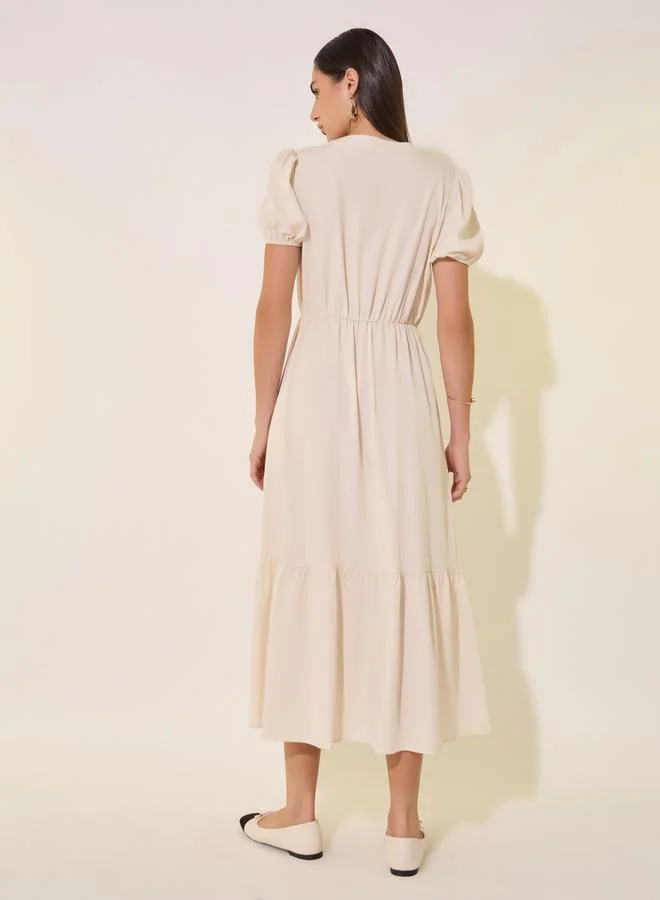Styli Styli Solid Gathered Waist Ruffled Hem Midi Dress