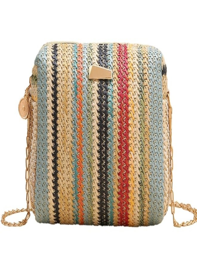 Caistre Women’s Straw Tote Bag Rainbow Striped Casual Beach Shoulder Bag Summer Vacation Straw Crossbody Bag Purse 2024, JS-NB059-Blue - Image 1