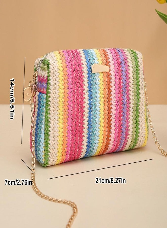 Caistre Women’s Straw Tote Bag Rainbow Striped Casual Beach Shoulder Bag Summer Vacation Straw Crossbody Bag Purse 2024, JS-NB059-Blue - Image 3