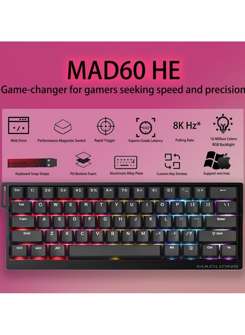 مادليونس لوحة مفاتيح ألعاب ميكانيكية سلكية 60% RGB طراز MAD60HE مع ضبط ارتفاع الضغط، معدل استجابة 8000 هرتز، وضع الزناد السريع، مفاتيح تأثير الحقل المغناطيسي، للكمبيوتر/الماك، باللون الأسود - Image 3