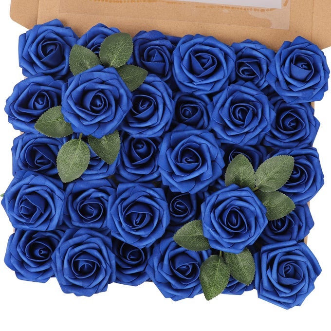 Artificial Flower Roses 30PCS Real Touch Fake Flowers with Stem Foam Roses for DIY Wedding Bouquets Backdrop Party Bridal Shower Spring Home Mothers Day DecorationsDark Royal Blue