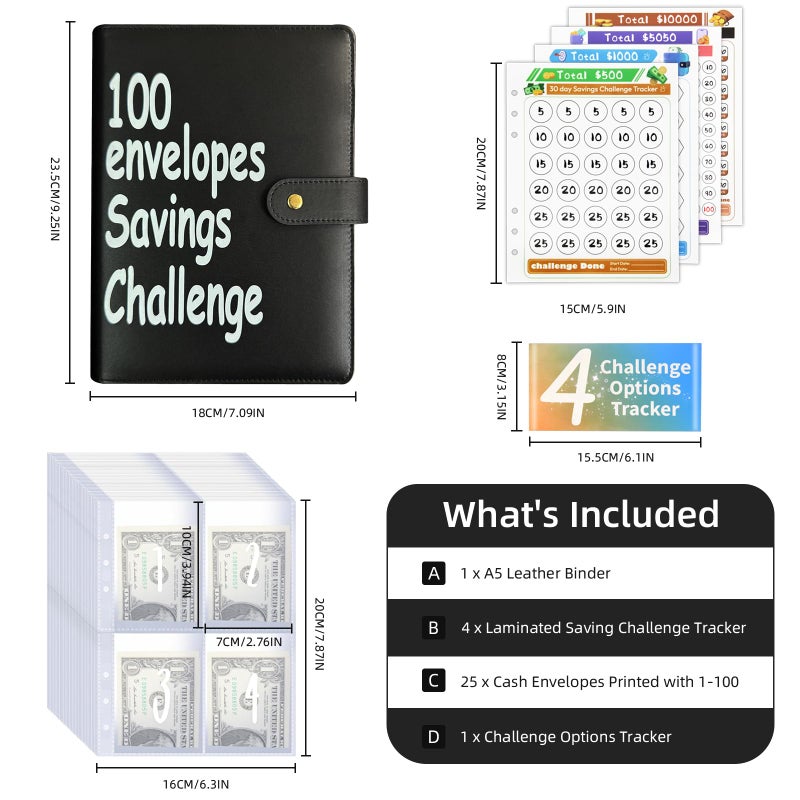 DONBAO 100 Envelopes Money Saving Challenge Binder, Fun and Easy Savings System to Save $5,050, $10,000, $500, $1,000, A5 Budget Binder Planner Book Tracker with Cash Envelopes, Guide (Black) - Image 3