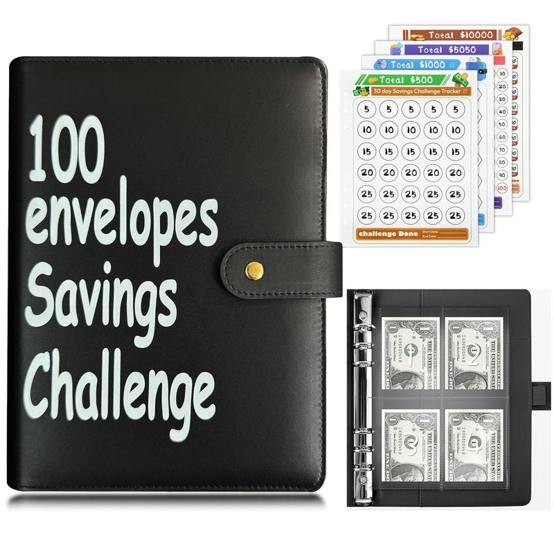 DONBAO 100 Envelopes Money Saving Challenge Binder, Fun and Easy Savings System to Save $5,050, $10,000, $500, $1,000, A5 Budget Binder Planner Book Tracker with Cash Envelopes, Guide (Black) - Image 1