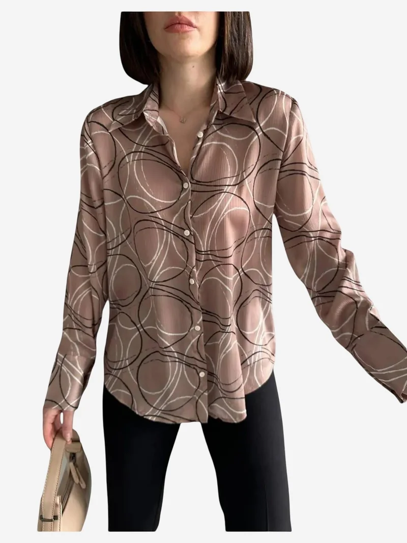 My Fashion Camel Brown MY FASHION Geometric Print Long Sleeve Shirt with Button Closure for Women | Best Price UAE
