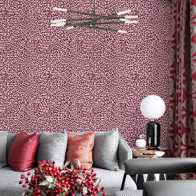 JiffDiff Leopard Print Peel and Stick Wallpaper, Waterproof Removable Self Adhesive Textured Wall Paper, Black and Pink Unique Funky Cheetah Contact Paper for Bedroom and Bathroom 120"X17.3"(14.4 sq. ft) - Image 3