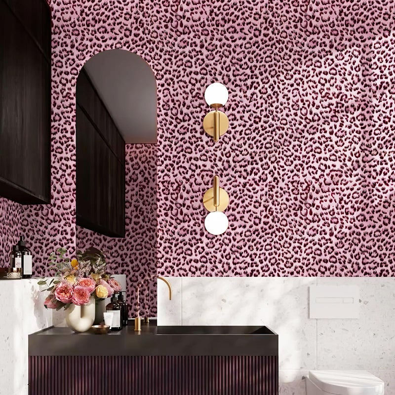 JiffDiff Leopard Print Peel and Stick Wallpaper, Waterproof Removable Self Adhesive Textured Wall Paper, Black and Pink Unique Funky Cheetah Contact Paper for Bedroom and Bathroom 120"X17.3"(14.4 sq. ft) - Image 5