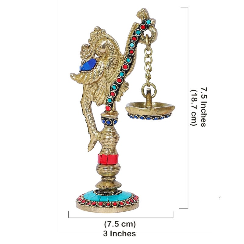Two Moustaches Gemstone Work Peacock on Pillar Design Brass Diya Pair Brass Diyas for HomeTemple Diyas for Home Decor Brass Oil Lamp Gifts for Housewarming Multicolored Standard Pack of 2 - Image 5