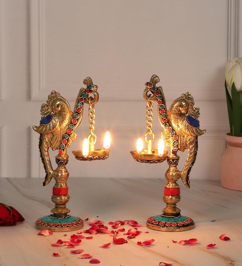 Two Moustaches Gemstone Work Peacock on Pillar Design Brass Diya Pair Brass Diyas for HomeTemple Diyas for Home Decor Brass Oil Lamp Gifts for Housewarming Multicolored Standard Pack of 2 - Image 1