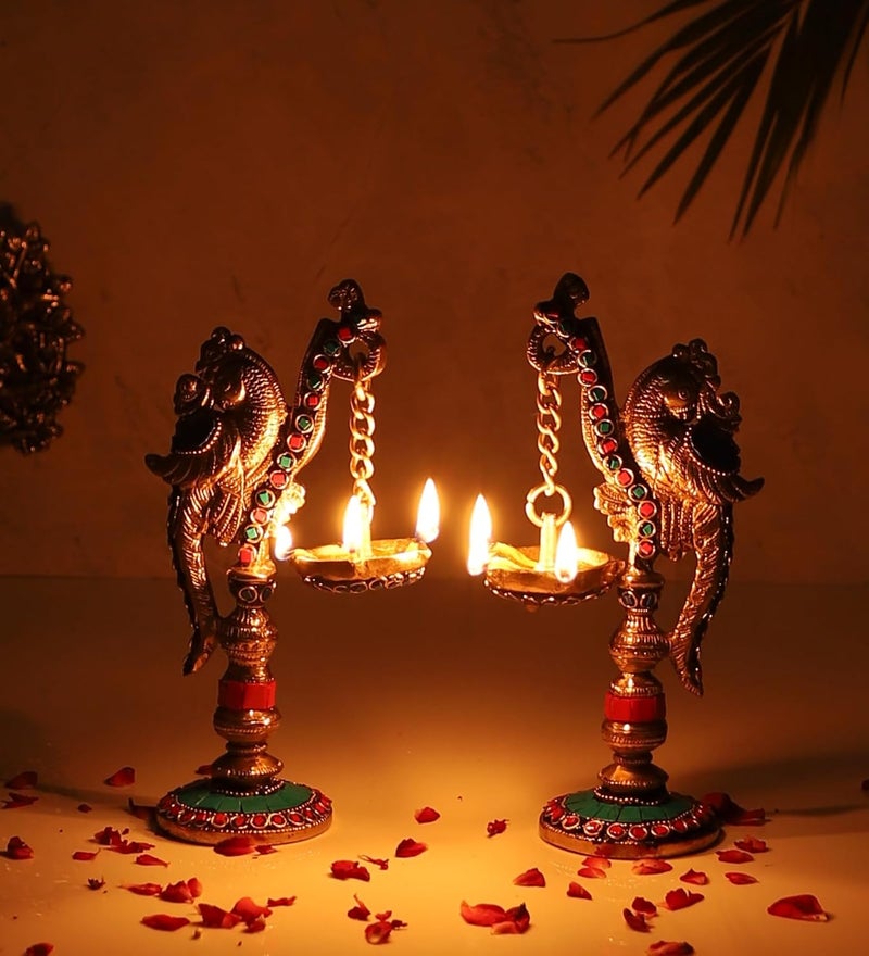 Two Moustaches Gemstone Work Peacock on Pillar Design Brass Diya Pair Brass Diyas for HomeTemple Diyas for Home Decor Brass Oil Lamp Gifts for Housewarming Multicolored Standard Pack of 2 - Image 3